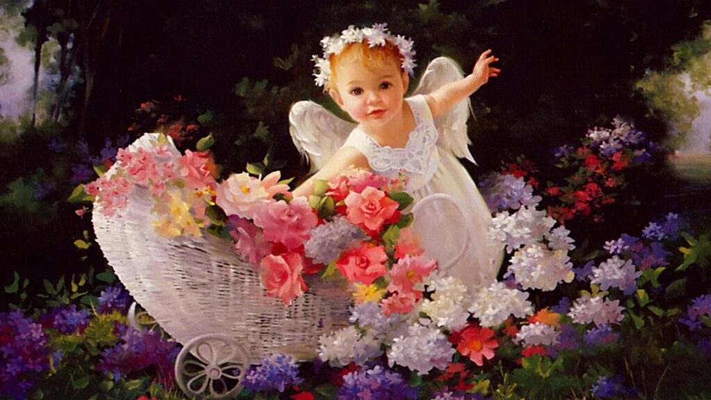 baby girl angel in flowers