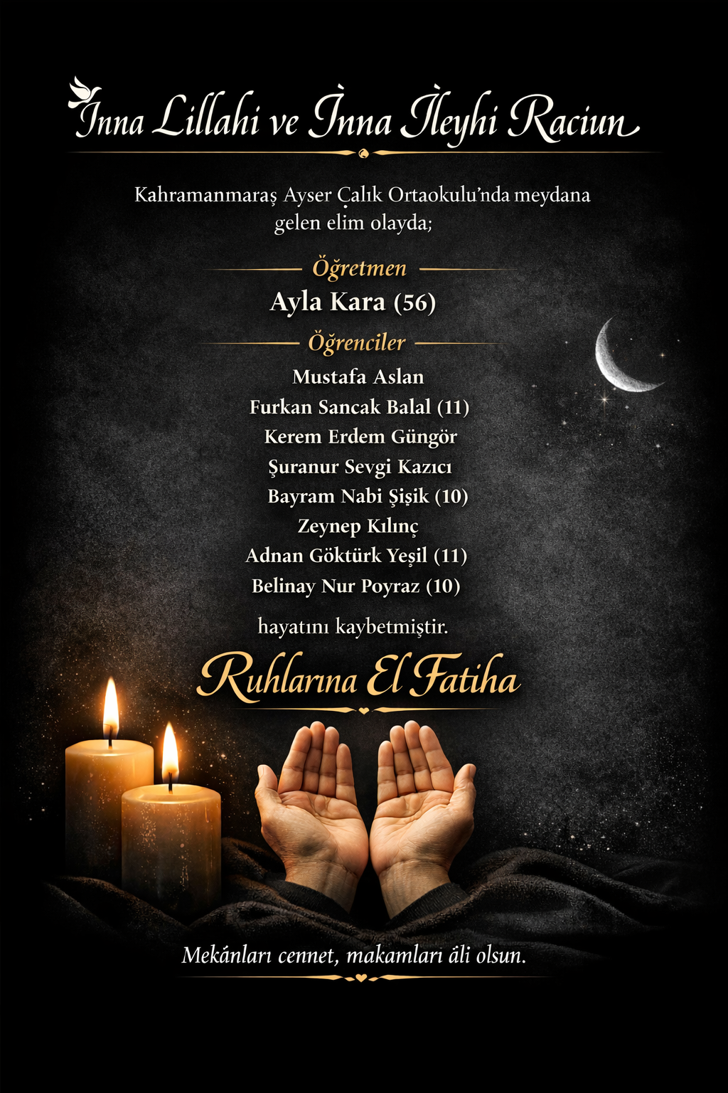 Kahramanmaraş Okul Saldırında Hayatını Kaybedenlerin Ruhları İçin El Fatiha